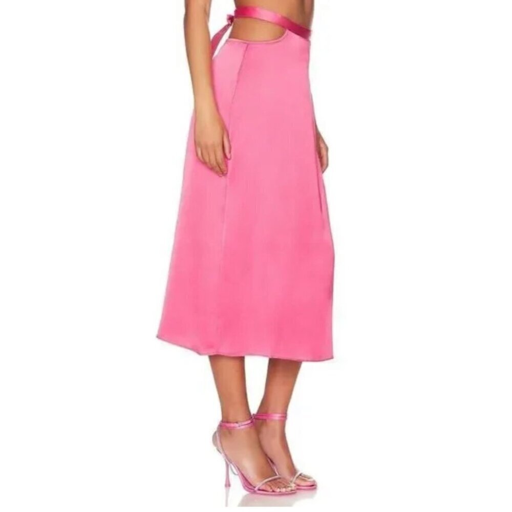 Cutout Satin Charmeuse L Midi Skirt Hot Pink Side Slits Waist Tie By WeWoreWhat - Picture 3 of 6